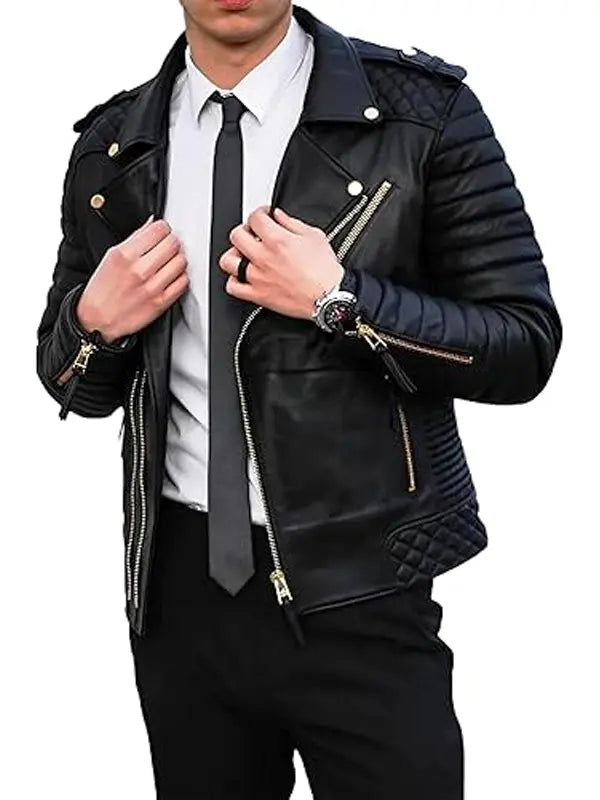 Mens Padded Style Black Leather Biker Jacket