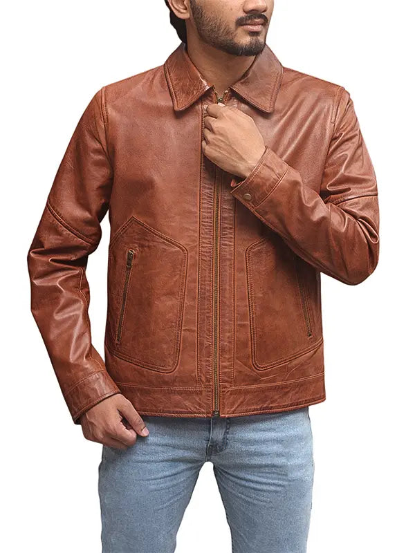 Men’s Premium Cognac Trucker Leather Jacket
