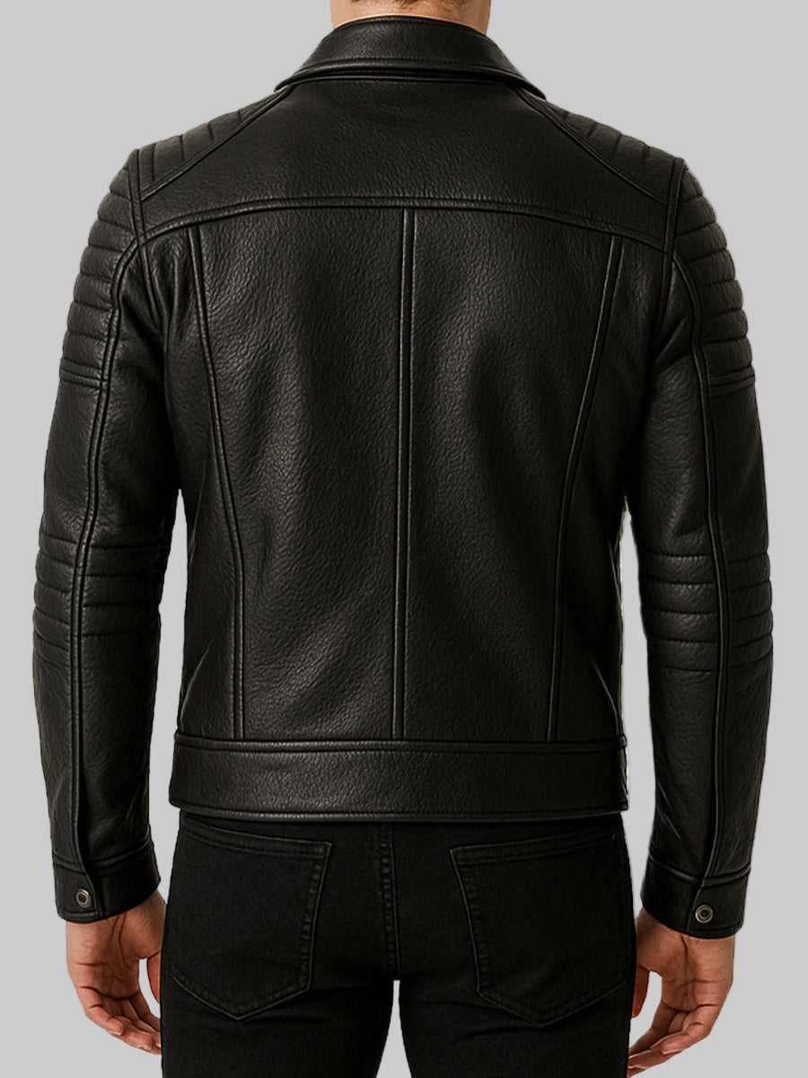Men’s Quilted Shoulder Black Leather Biker Jacket