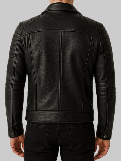 Men’s Quilted Shoulder Black Leather Biker Jacket