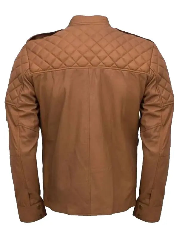 Mens Quilted Style Sheepskin Tan Brown Leather Jacket