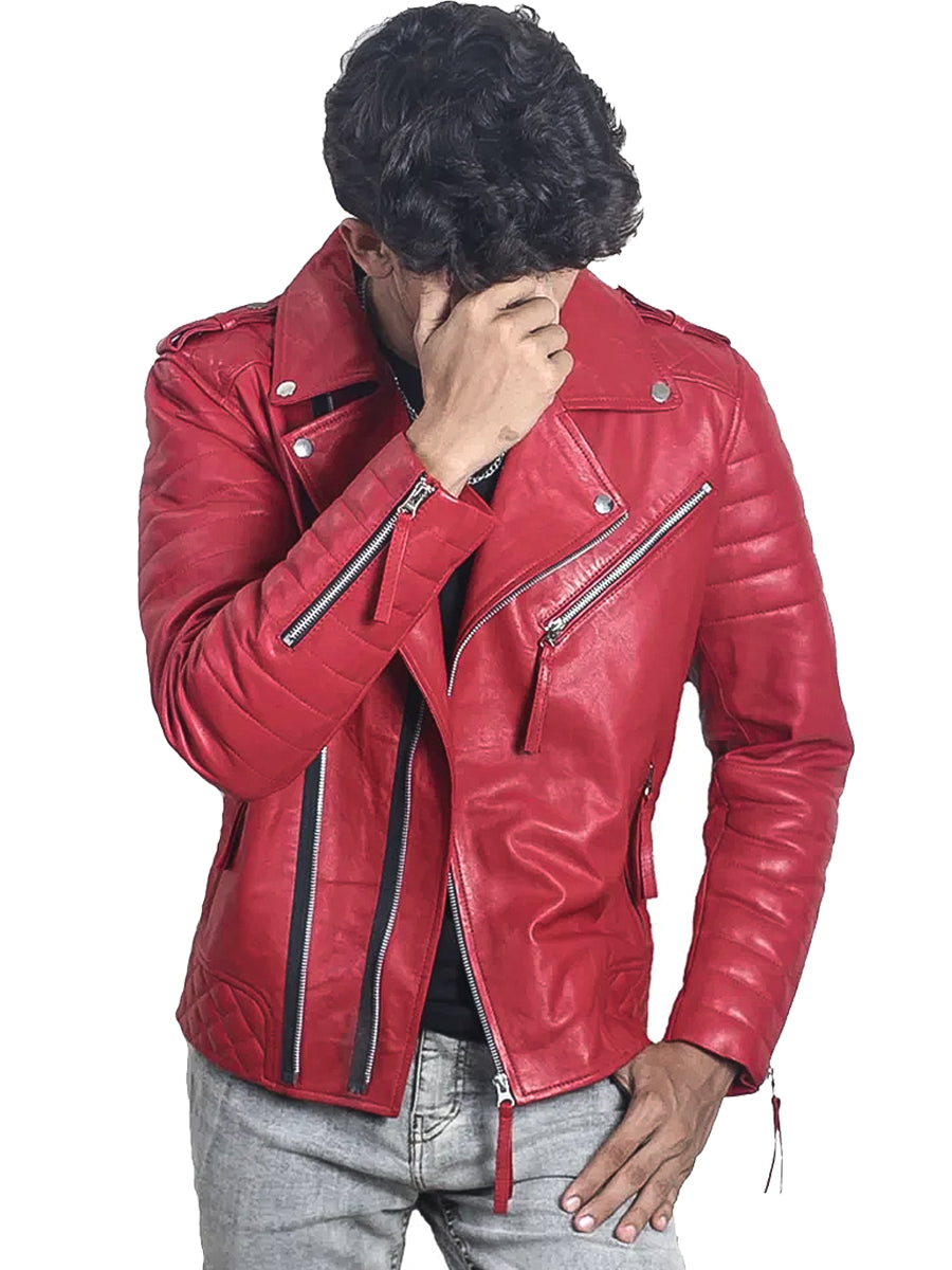 Men's Red Padded Biker Leather Jacket