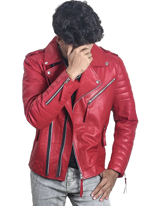 Men's Red Padded Biker Leather Jacket