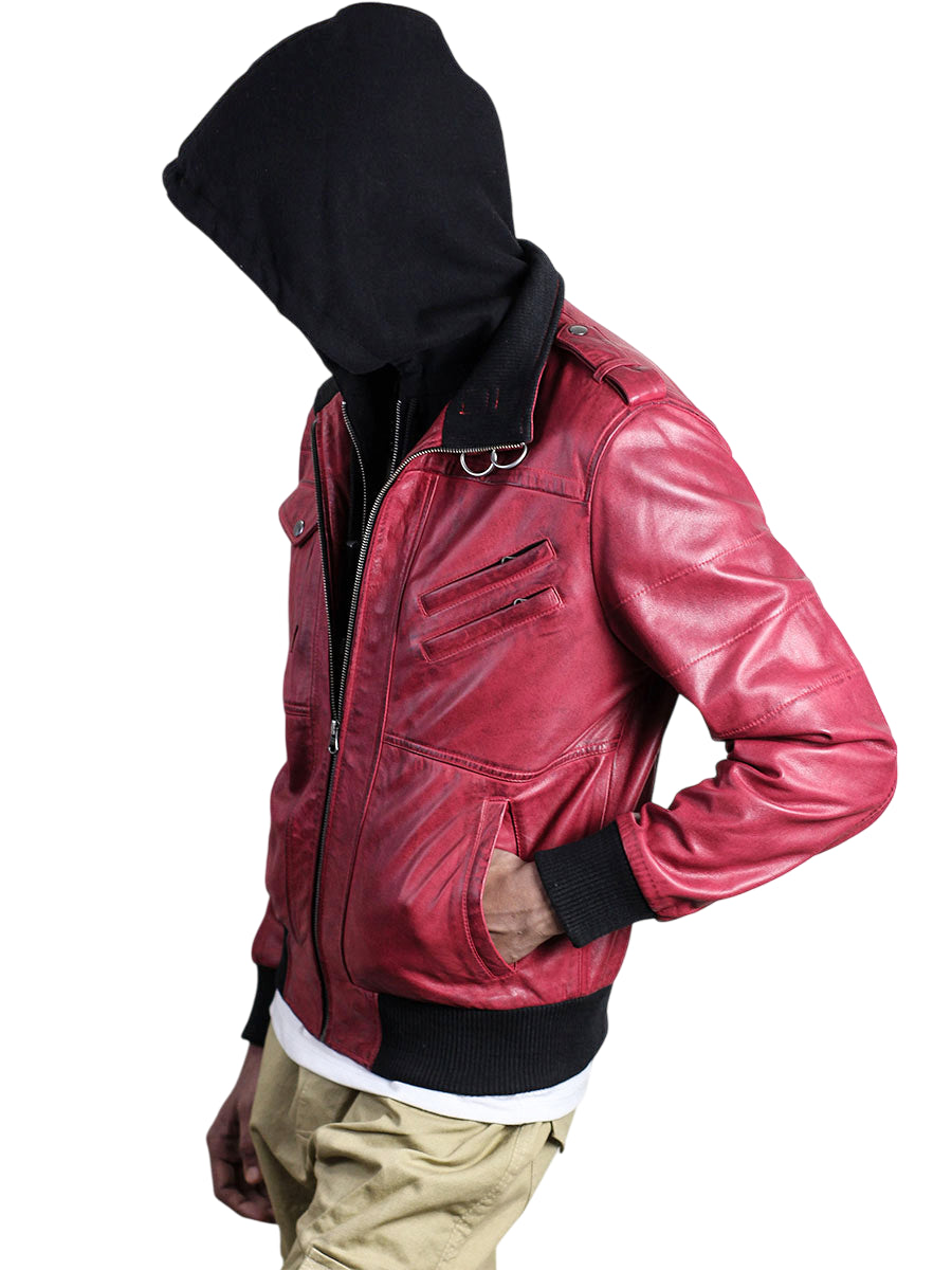 Men’s Red Waxed Hooded Bomber Jacket