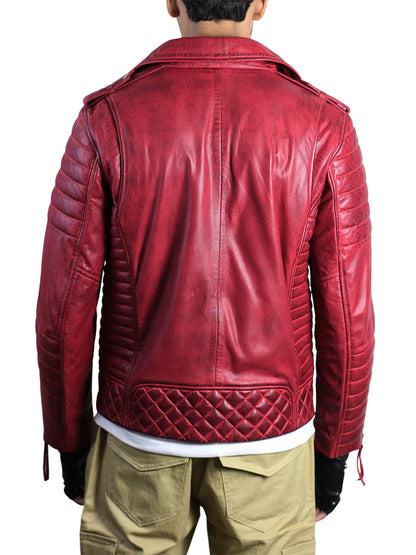 Mens Red Waxed Leather Biker Jacket