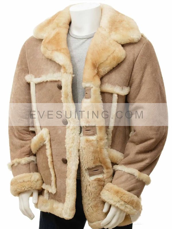 Mens Sand Color Shearling Sheepskin Leather Coat