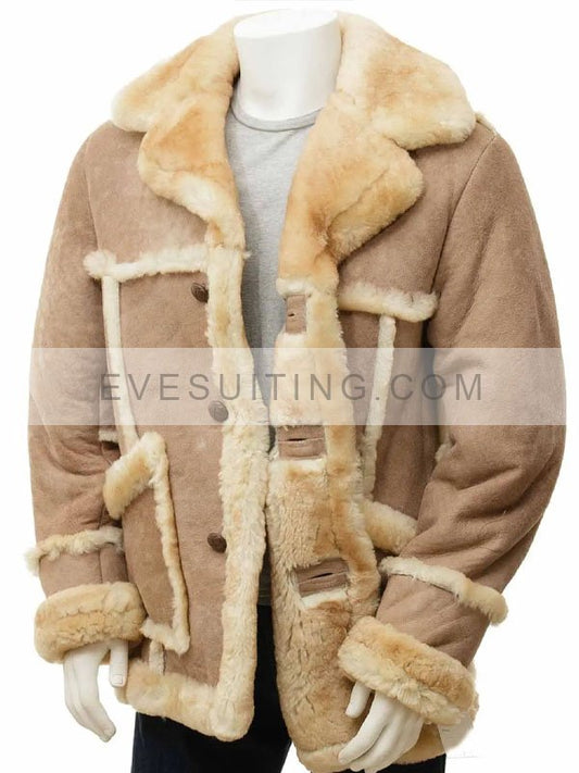 Mens Sand Color Shearling Sheepskin Leather Coat