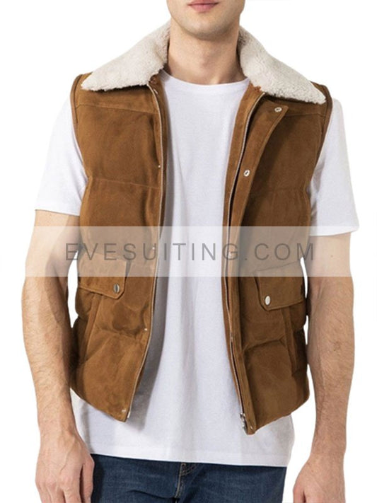 Mens Shearling Collar Brown Suede Leather Vest