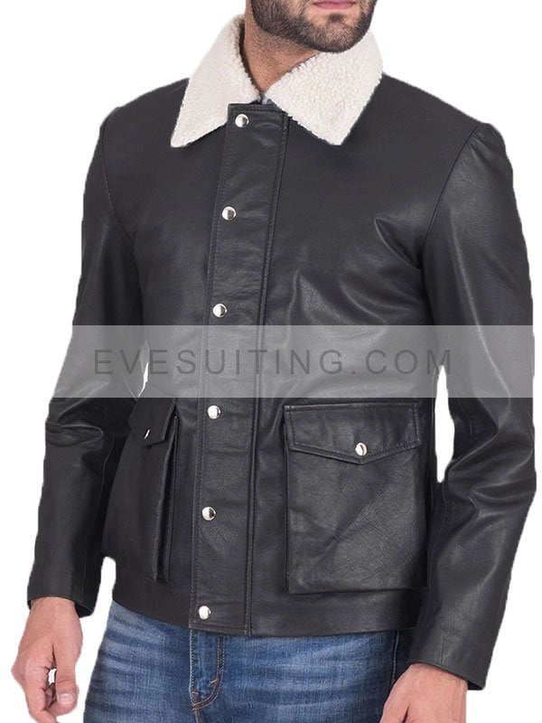 Mens Sherpa Collar Leather Black Jacket