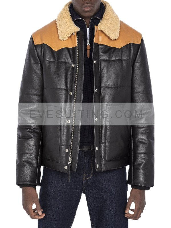 Mens Sherpa Collar Leather Puffer Jacket