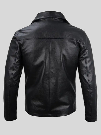 Men's Shirt Collar Black Leather Jacket