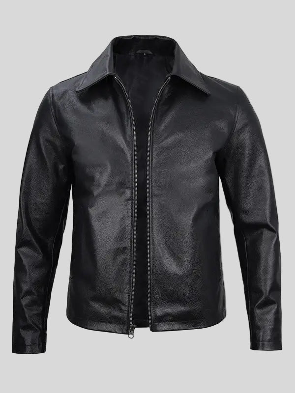 Men's Shirt Collar Black Real Leather Jacket