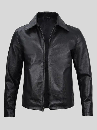 Men's Shirt Collar Black Real Leather Jacket