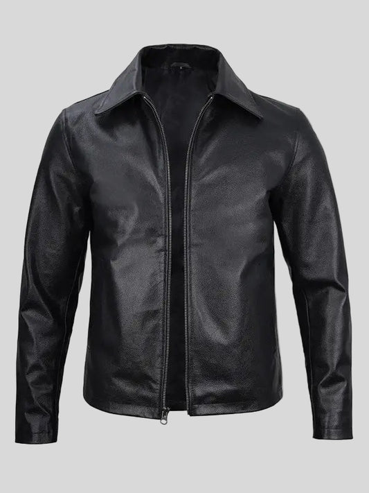 Men's Shirt Collar Black Real Leather Jacket