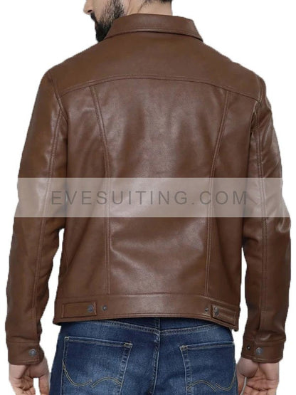 Men's Shirt Style Collar Leather Brown Jacket