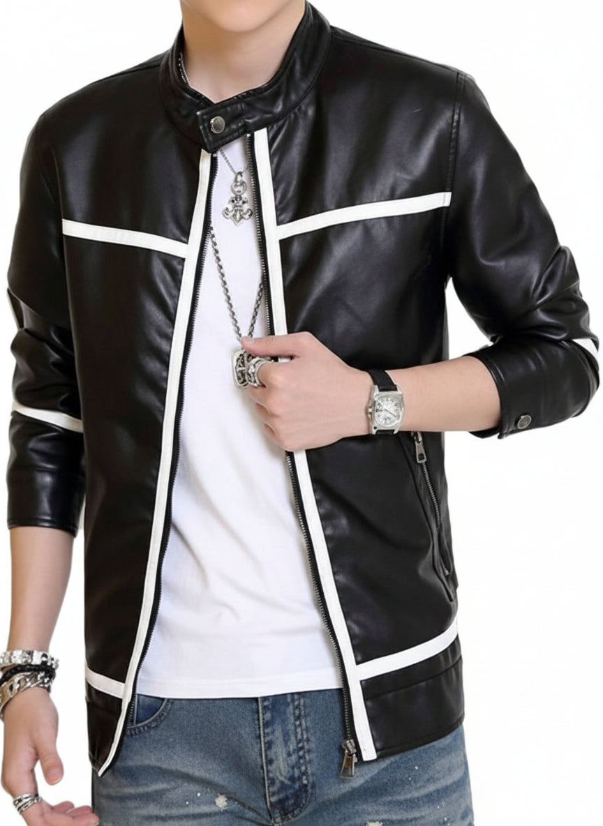 Mens Slim Fit Biker Style White Striped Leather Jacket