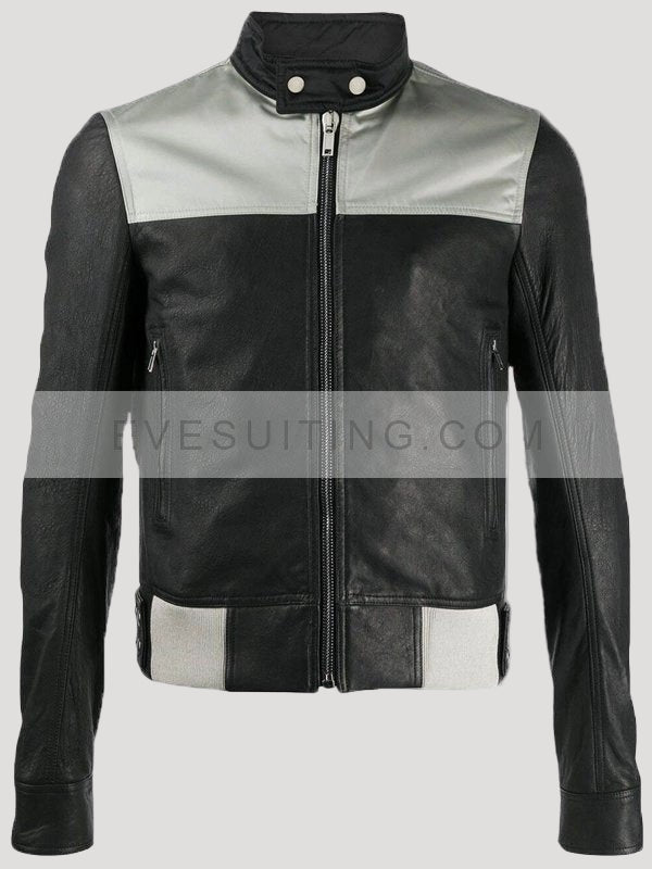 Mens Silver And Black Stylish Leather Biker Jacket