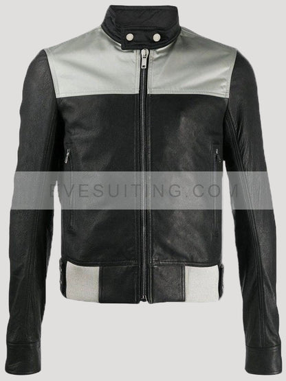Mens Silver And Black Stylish Leather Biker Jacket