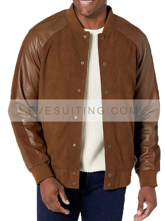 Men’s Suede Leather Jacket With Contrast Sleeves