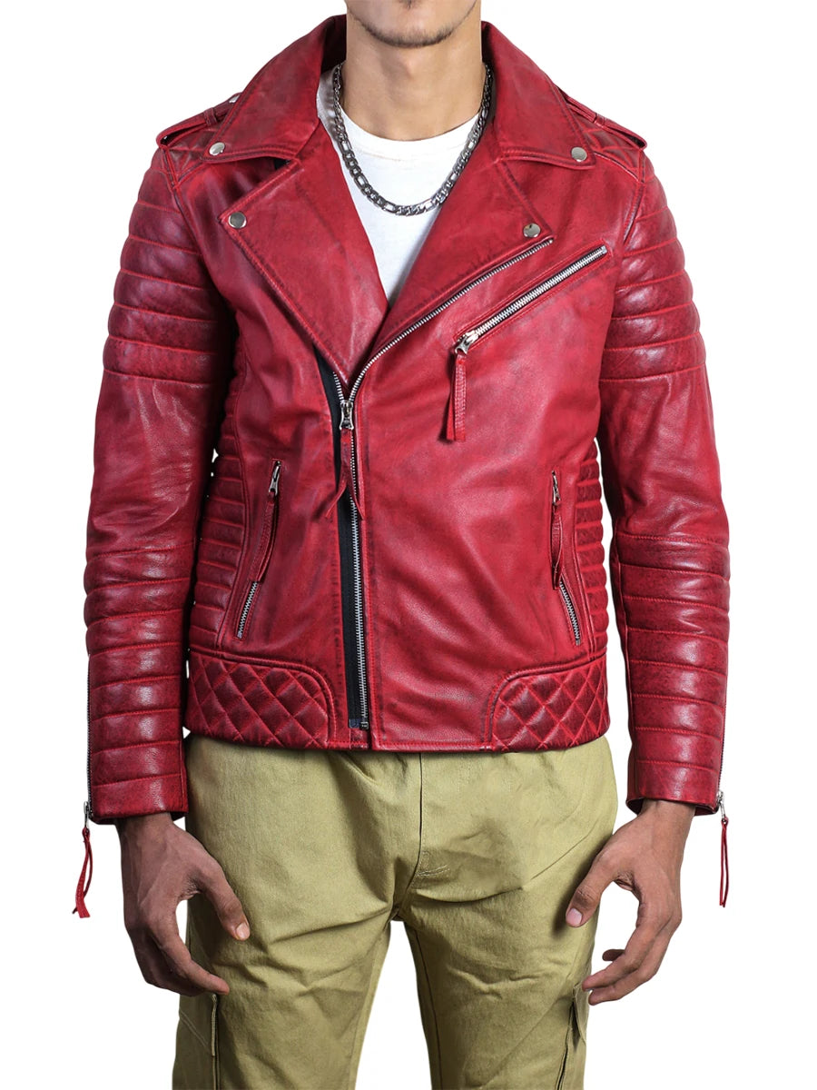Men’s Vintage Quilted Red Waxed Leather Biker Jacket