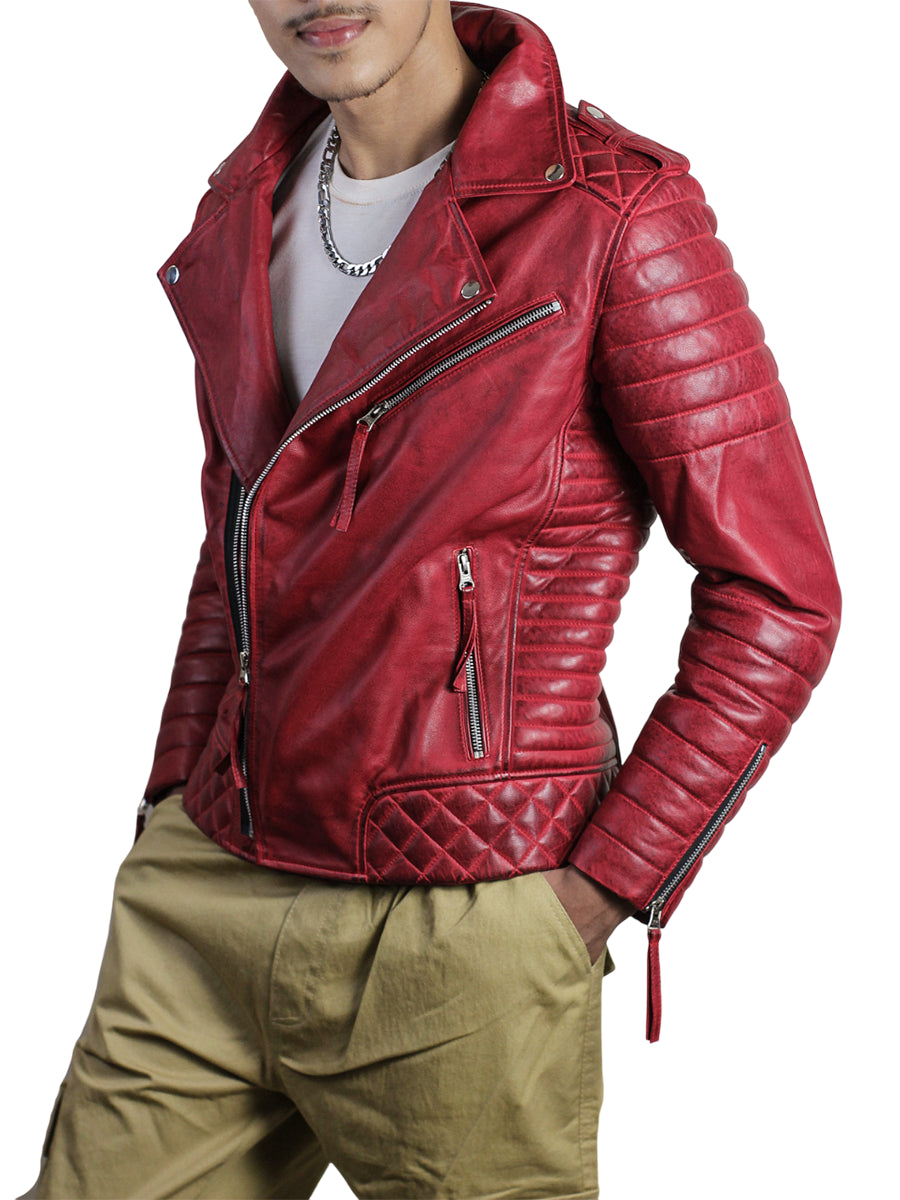 Men’s Vintage Red Waxed Leather Biker Jacket