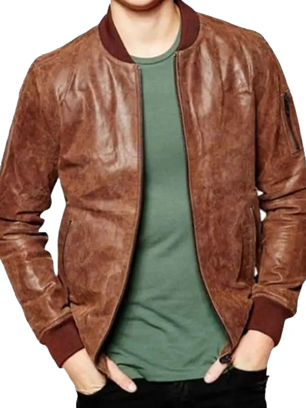 Mens Waxed Dark Brown Leather Bomber Jacket