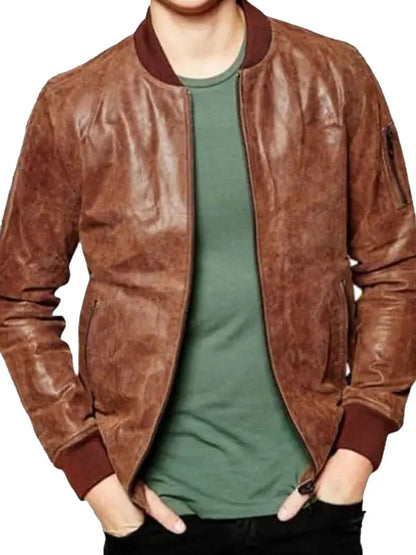 Mens Waxed Dark Brown Leather Bomber Jacket