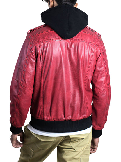 Men’s Waxed Red Hooded Bomber Jacket