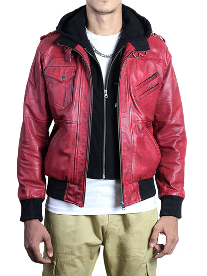 Men’s Waxed Red Hooded Bomber Leather Jacket
