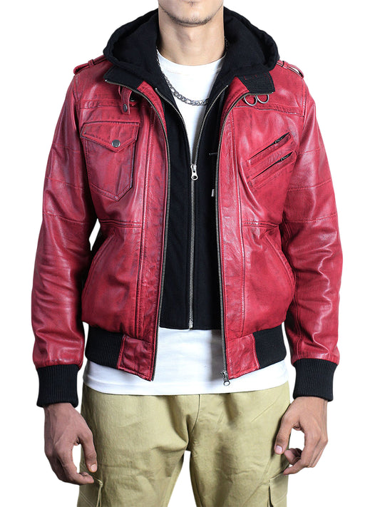 Men’s Waxed Red Hooded Bomber Leather Jacket
