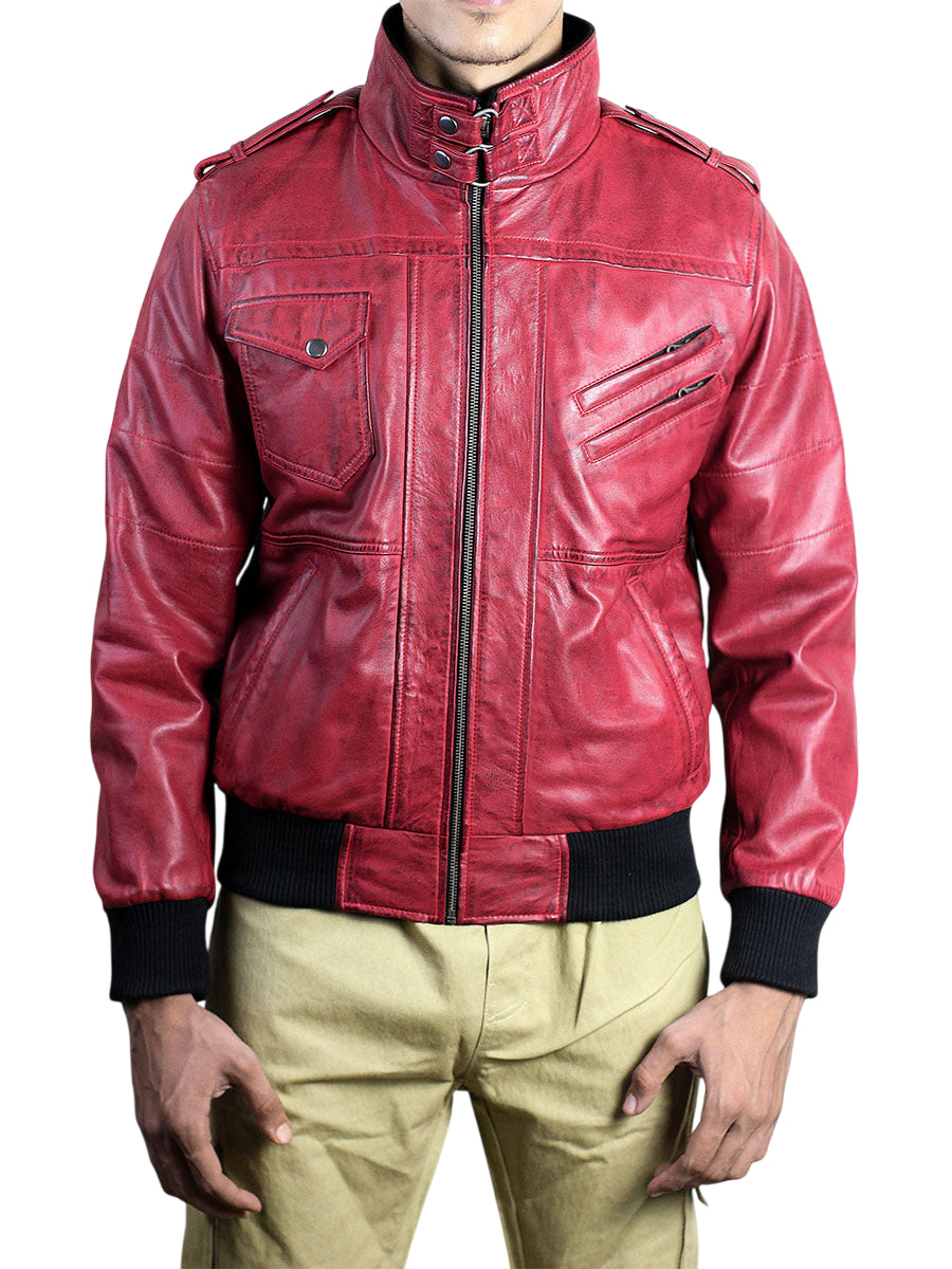 Men’s Waxed Red Leather Jacket With Detachable Hood