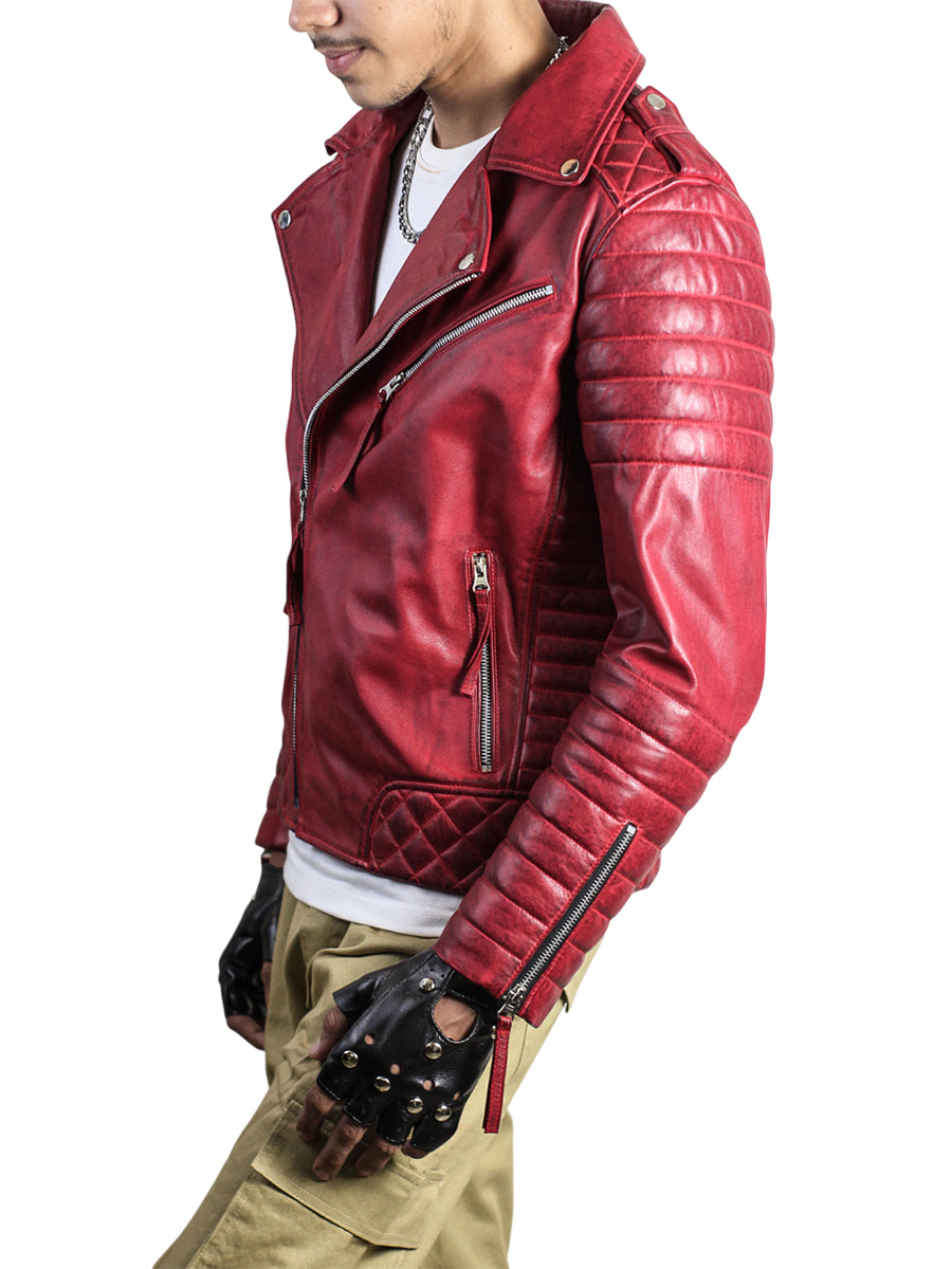 Men’s Waxed Red Leather Moto Jacket