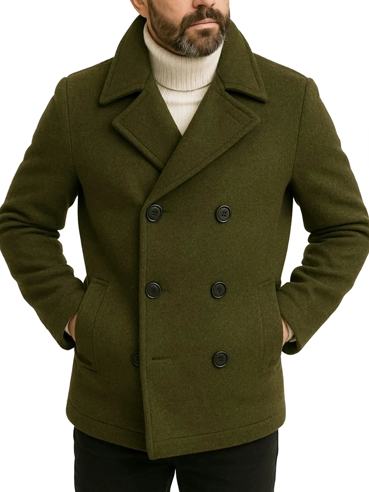 Men's Wool Peacoat with Brown Elbow Patches