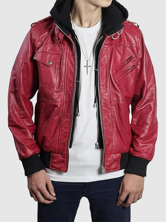 Mens_Hooded_Bomber_Waxed_Red_Leather_Jacket