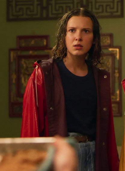 Millie Bobby Brown Stranger Things S04 Eleven Red Faux Leather Raincoat