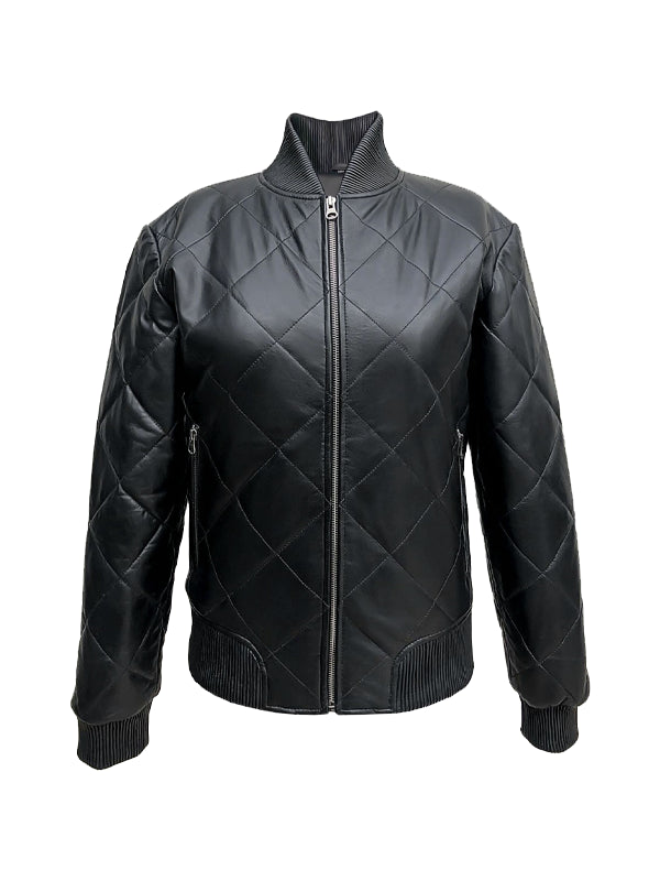 Mirra Women's Quilted Black Leather Bomber Jacket