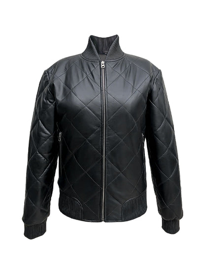 Mirra Women's Quilted Black Leather Bomber Jacket