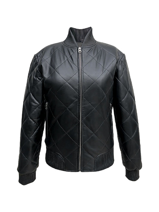 Mirra Women's Quilted Black Leather Bomber Jacket