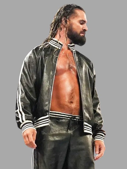 Monday Night Raw 2024 Wrestler Seth Rollins Black Leather Bomber Jacket