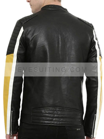 Motorcycle Color Block Quilted Leather Yellow, White & Black Jacket 