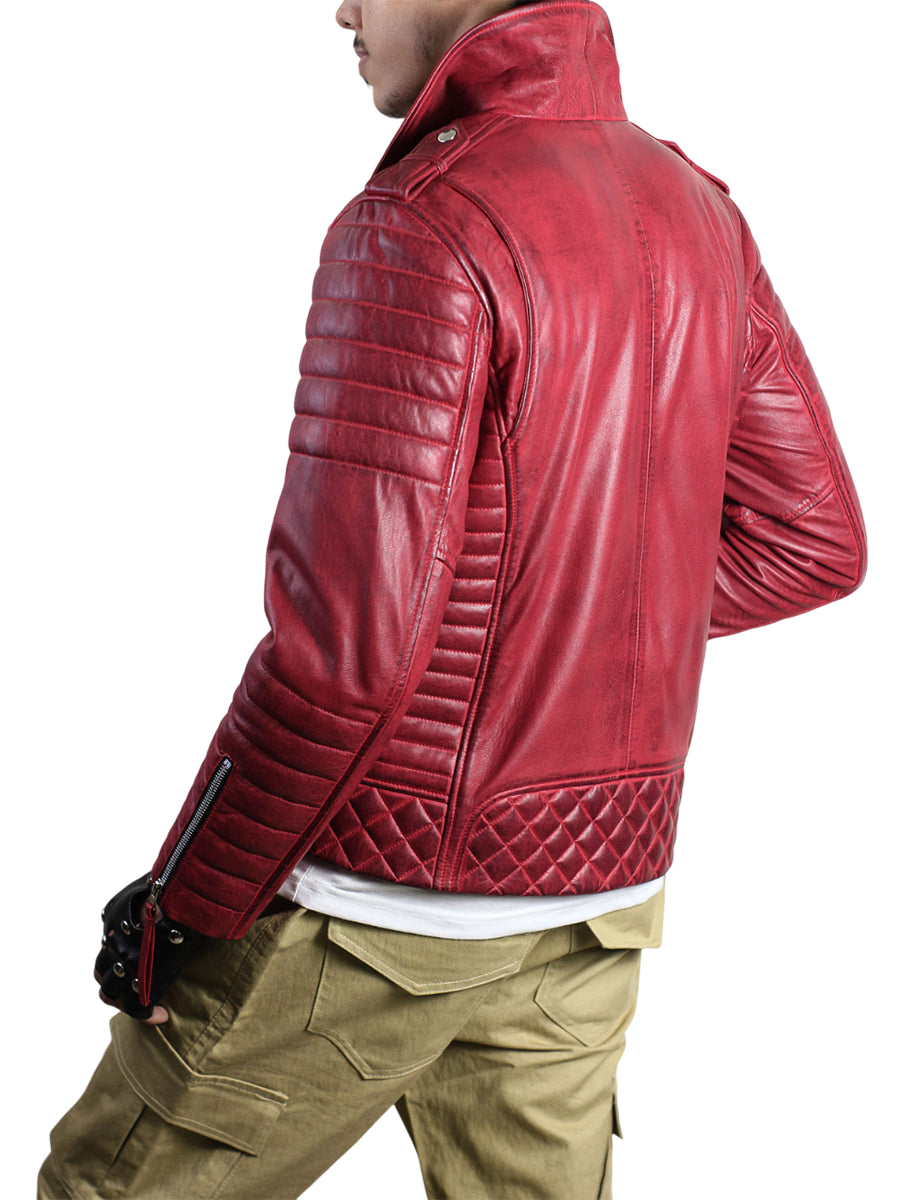 Motorcycle Waxed Red Leather Biker Jacket For Men