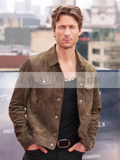 Movie Event Twisters 2024 Glen Powell Suede Brown Leather Jacket