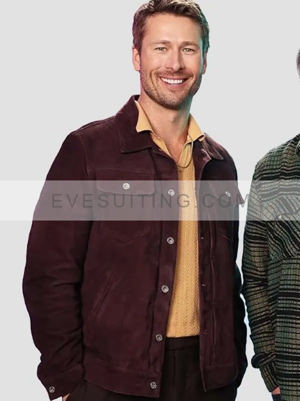 Movie Glen Powell Hit Man 2024 Premiere Burgundy Suede Leather Jacket