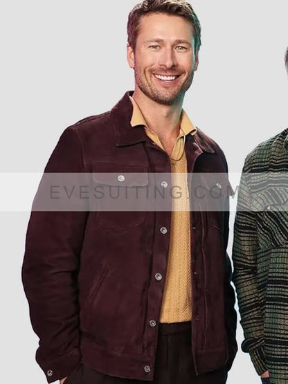 Movie Glen Powell Hit Man 2024 Premiere Burgundy Suede Leather Jacket