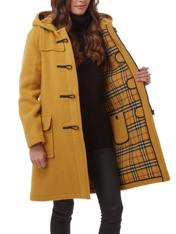 Mustard Toggle Duffle Wool Coat For Women