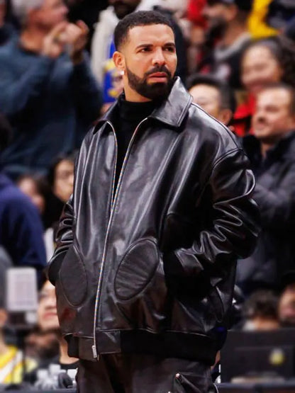 NBA Game 2025 Drake Black Leather Jacket
