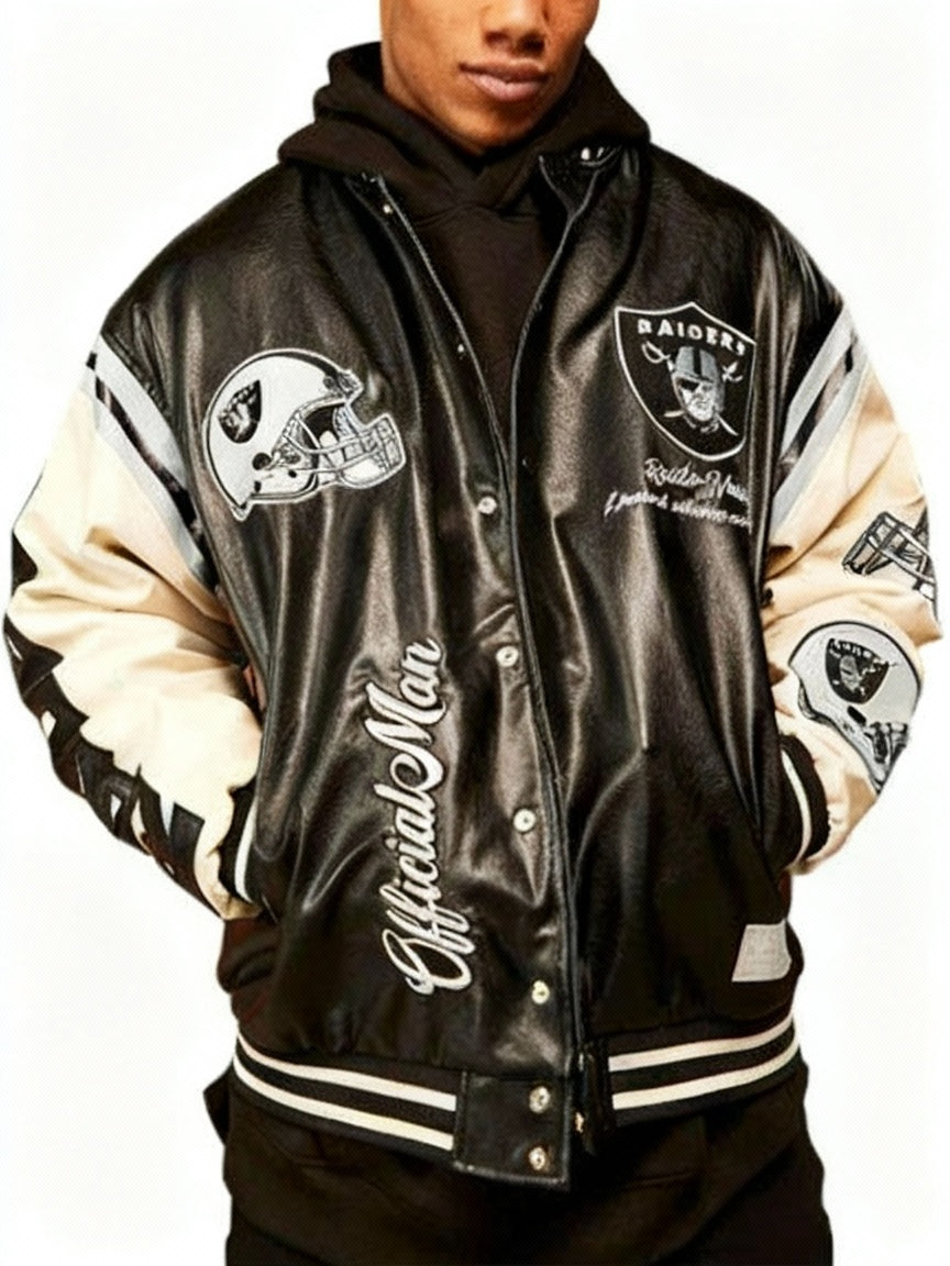 NFL Oversized Las Vegas Raiders Bomber Black And White Leather Jacket