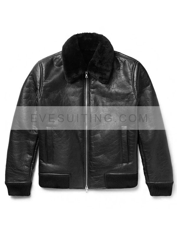NN07 Rowan Black Leather Bomber Trimmed Jacket