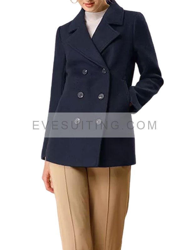 Navy Blue Wool Peacoat For Women's