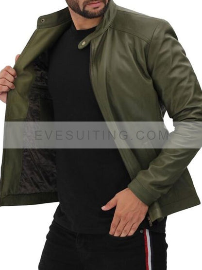 Olive Green Moto Biker Zip-Up Leather Jacket